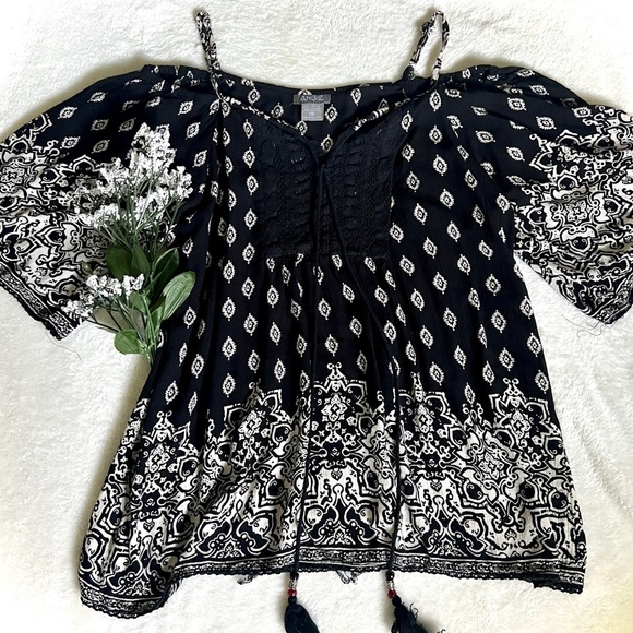 Angie Tops - Angie Boho Cold Shoulder Ombre Printed Blouse - Small